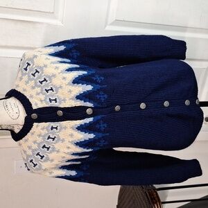 Saga Norway Norwegian 100% Wool Blue Knit Cardigan Sweater M Medium